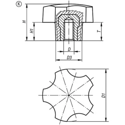 KIPP FÜNFSTERNGRIFF MESSING DUROPLAST