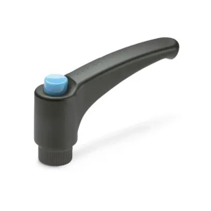 Ganter Verstellbare Klemmhebel GN 603.1, mit Ausrastknopf, Kunststoff, Buchse Edelstahl, blau, RAL 5024, glänzend