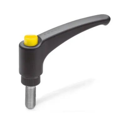 Ganter Verstellbare Klemmhebel GN 603.1, mit Ausrastknopf, Kunststoff, Gewindestift Edelstahl, gelb, RAL 1021, glänzend