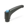 Ganter Verstellbare Klemmhebel GN 603.1, mit Ausrastknopf, Kunststoff, Buchse Edelstahl, blau, RAL 5024, glänzend