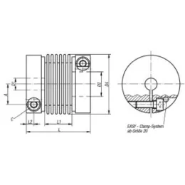 Metallbalgkupplung mit radialer Klemmnabe Gr. 60 L=77 Aluminium Norelem