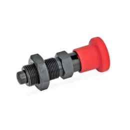 Ganter Rastbolzen GN817, Stahl, mit rotem Knopf, mit Rastsperre, mit Kontermutter