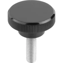 RÄNDELKNOPF D=M08X30 D1=26, FORM:L DUROPLAST, SCHWARZ, KOMP:STAHL, GLÄNZEND KIPP