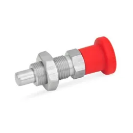 Ganter Rastbolzen GN817, Edelstahl-Rastbolzen mit rotem Knopf, ohne Rastsperre, mit Kontermutter