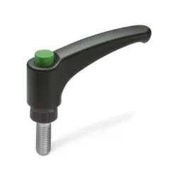 Ganter Verstellbare Klemmhebel GN 603.1, mit Ausrastknopf, Kunststoff, Gewindestift Edelstahl, grün, RAL 6017, glänzend
