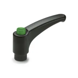 Ganter Verstellbare Klemmhebel GN 603.1, mit Ausrastknopf, Kunststoff, Buchse Edelstahl, grün, RAL 6017, glänzend
